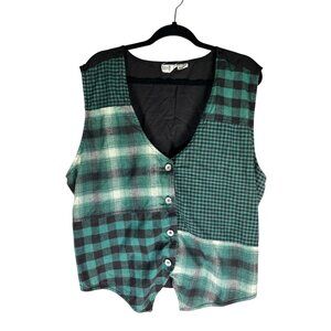 Vintage Khazana Womens Green Black Plaid Patchwork Sleeveless Button-Up Vest